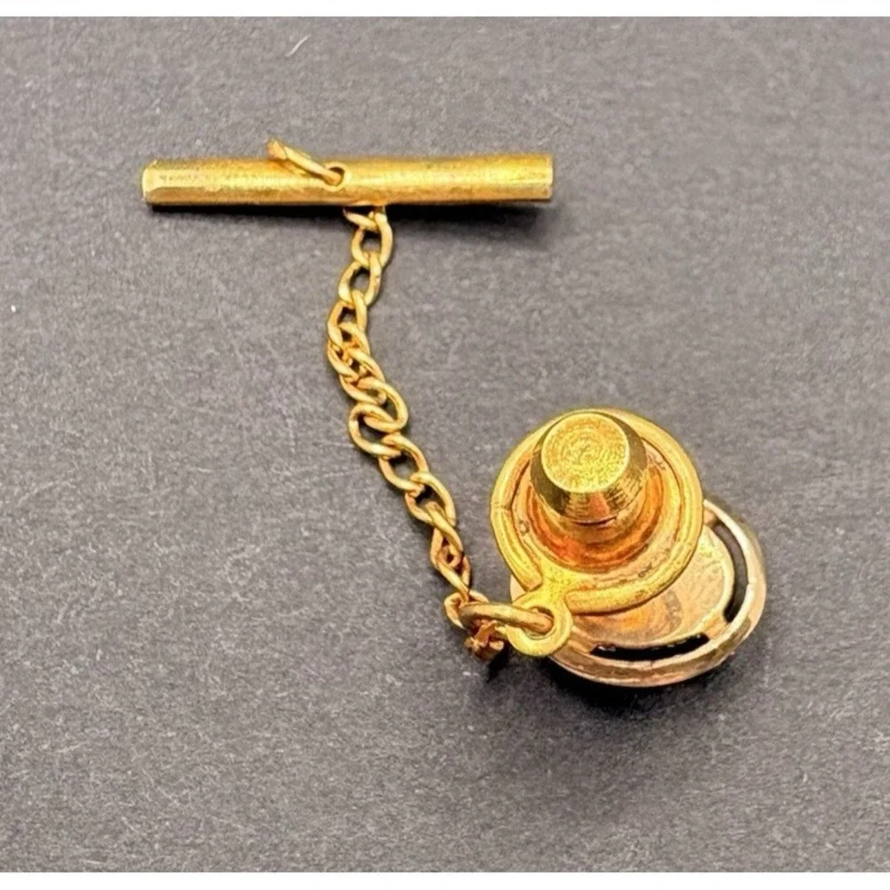 Vintage Black Onyx Tie Tack Chain & Bar Gold Tone Morris Jewelry w/ Original Box